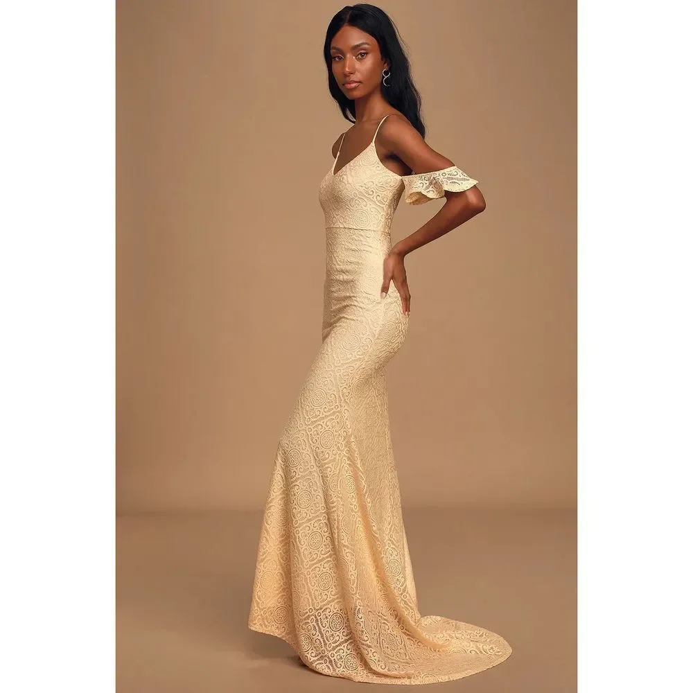 Lulu’s Declare My Love Cream Lace Cold-Shoulder Mermaid Maxi Dress